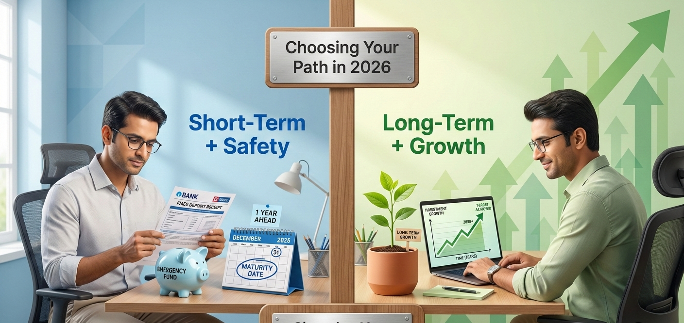 A split-screen image comparing fd vs mutual fund choices. Left side: an investor reviewing a Fixed Deposit document for short-term safety. Right side: the same investor analyzing a growth chart on a laptop for long-term wealth creation.