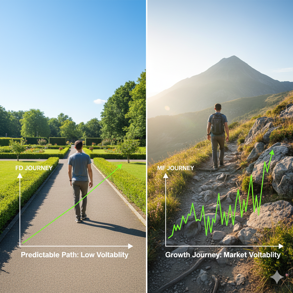 Visual metaphor for FD vs mutual fund risk. Left: a smooth, straight park path representing predictable FD returns. Right: a mountain hiking trail with ups and downs representing mutual fund growth through market volatility.